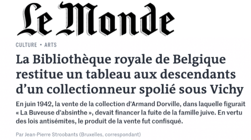 Restitution d'une oeuvre spoilée de la collection d'Armand Dorville par ADD Associes. Article journal Le Monde