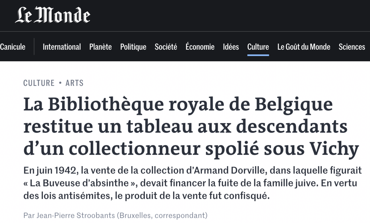 Restitution d'une oeuvre spoilée de la collection d'Armand Dorville - Article Le Monde
